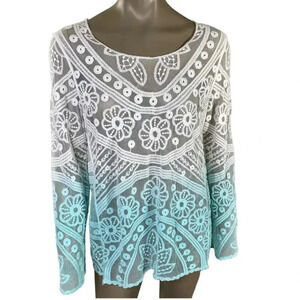 Breeze Ever Long Sleeve Sheered Floral Embroidered Mesh Tops Blouse Size M Ombre